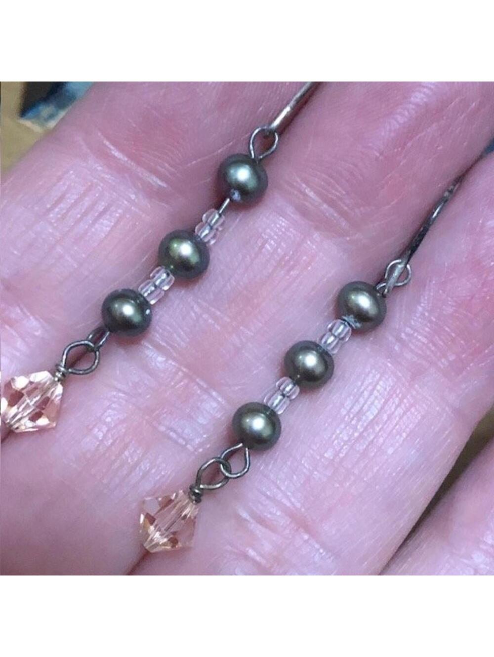 B1256 Sterling Silver 925 Black Pearl Peach Crysta Dangle Drop Earrings 1.75"